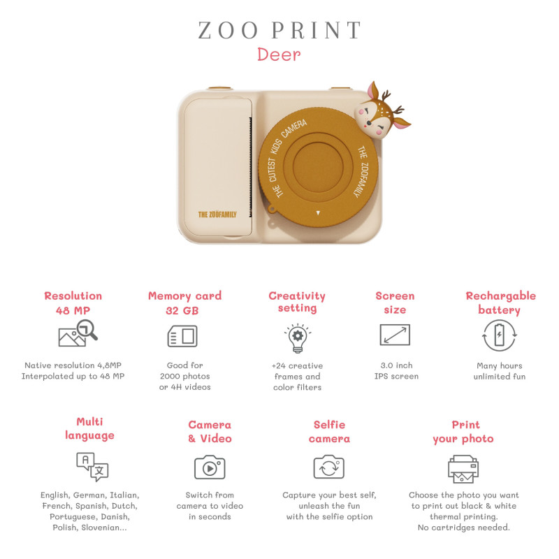 The Zoofamily Print dziecięcy aparat cyfrowy z drukarką Sarenka