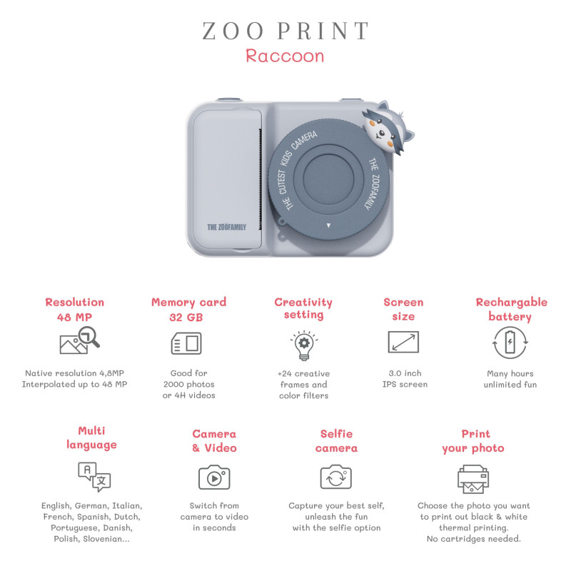 The Zoofamily Print dziecięcy aparat cyfrowy z drukarką Szop pracz