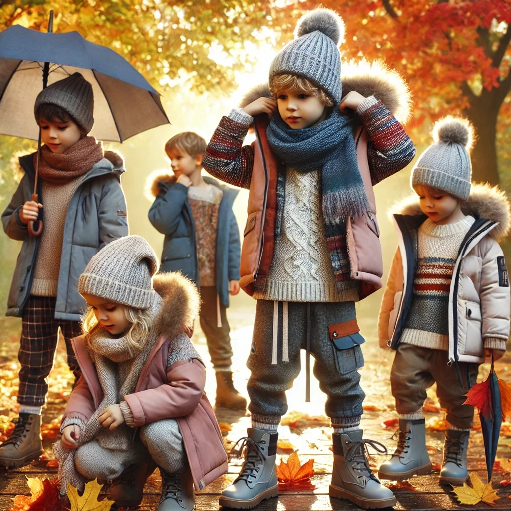 dzieci w lesie w jesiennych ubraniach