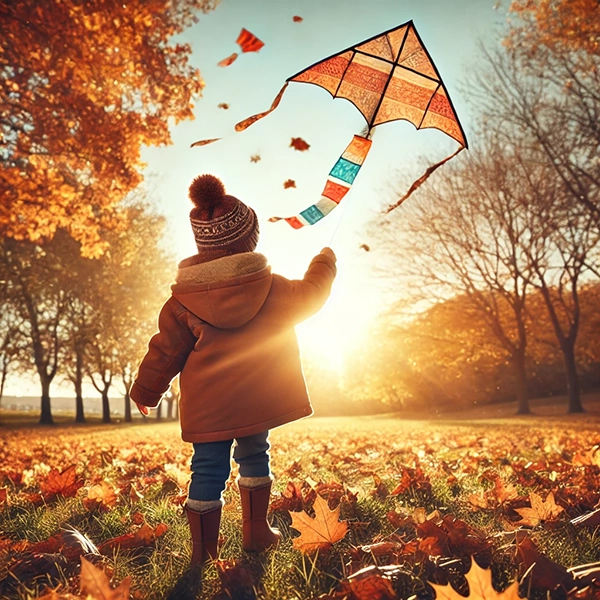 dziecko w jesiennym ubraniu puszcza latawiec