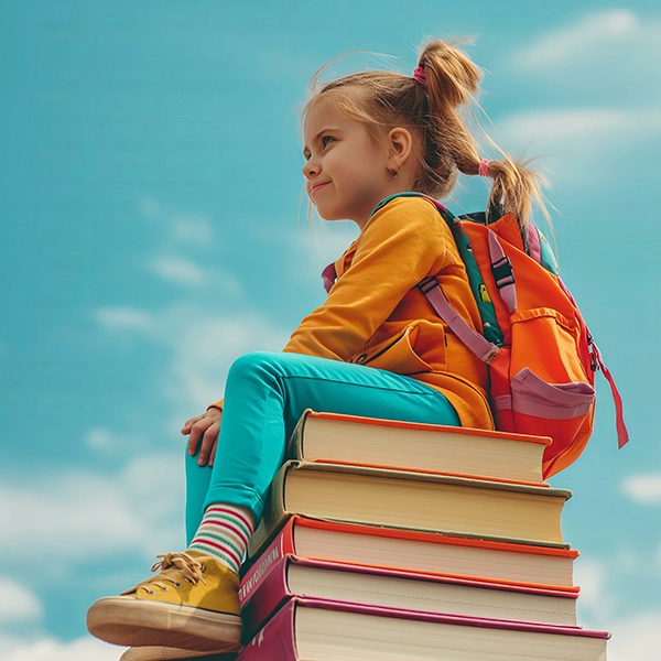 dziewczynka siedzi na zewnątrz na książkach