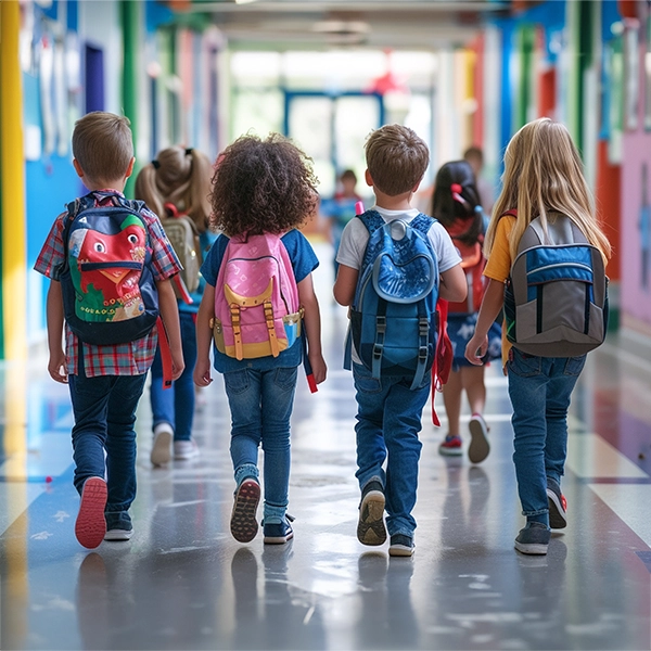 dzieci spacerują po korytarzu szkolnym