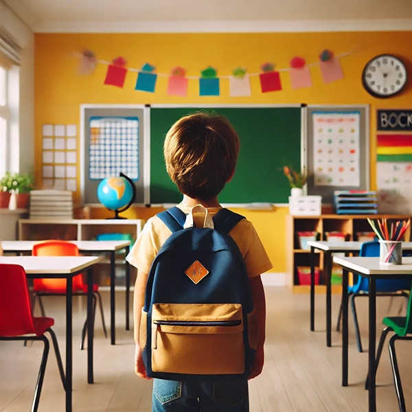 chłopiec z plecakiem patrzy na swoją klasę