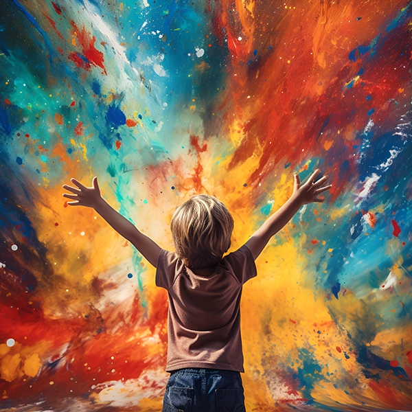 chłopiec przed płótnem malarskim