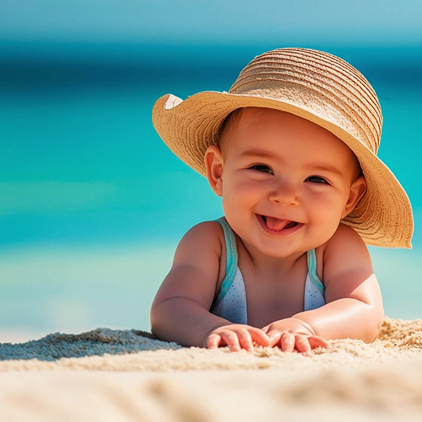 niemowlę na plaży z kapeluszem